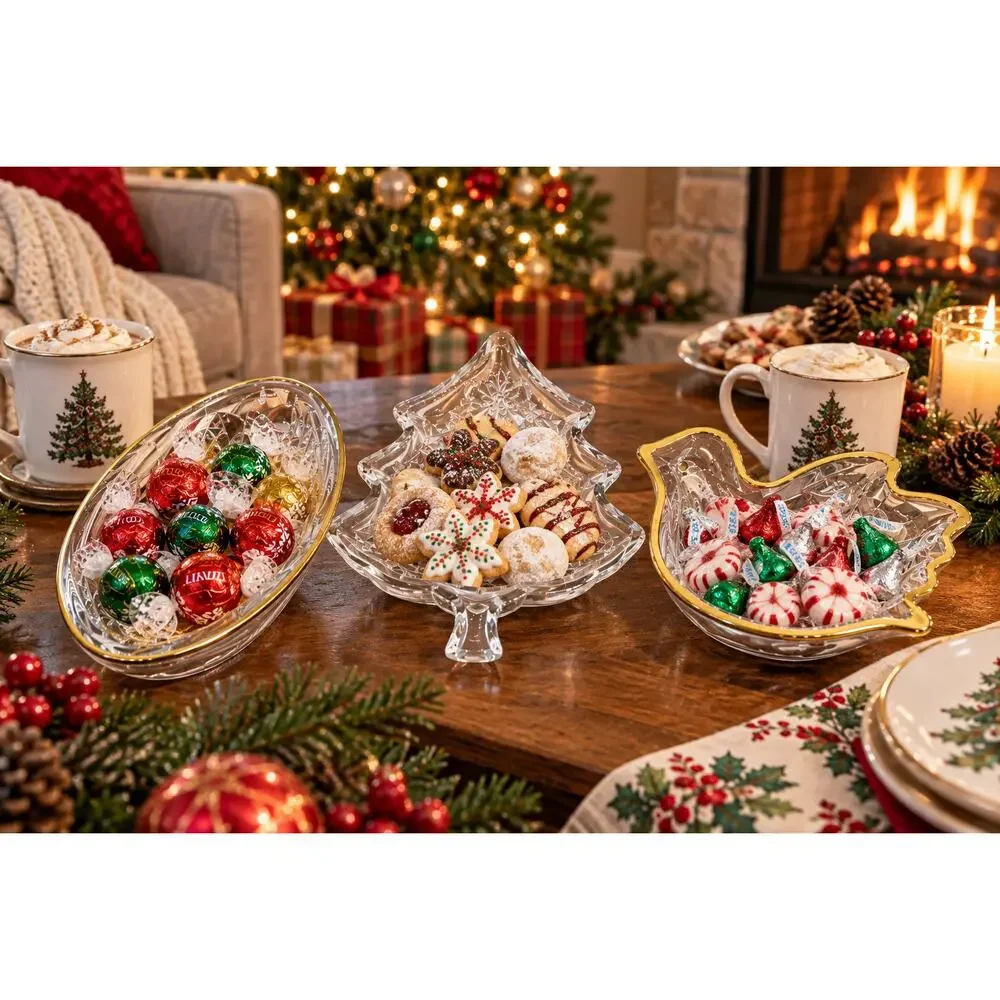 Vintage Home Beautiful Christmas Crystal Candy Dish Set of 3 Japan